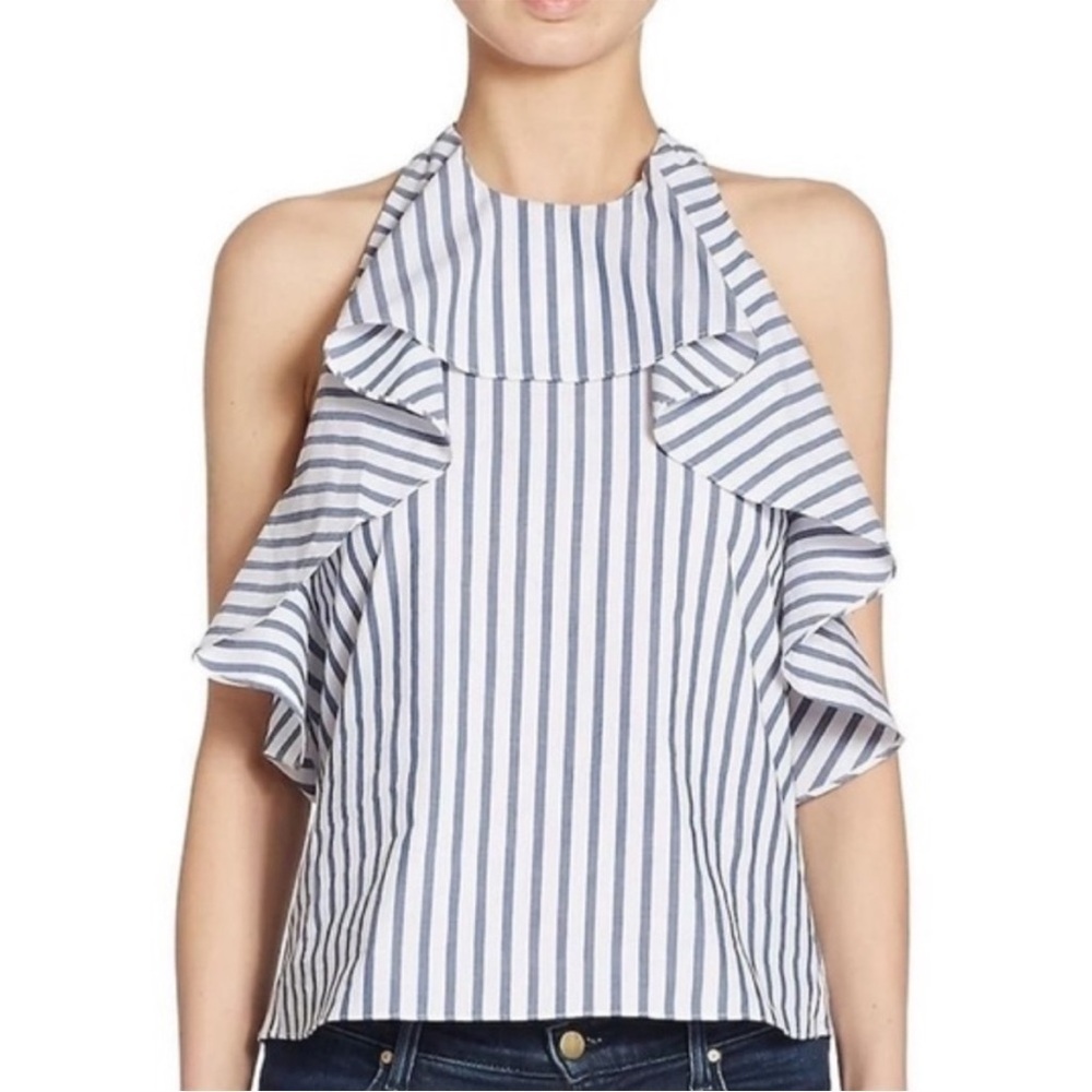 Alice + Olivia Blue and White Striped Ruffle Halter Tank